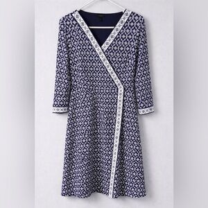 Talbots Navy and White Patterned Wrap Dress
